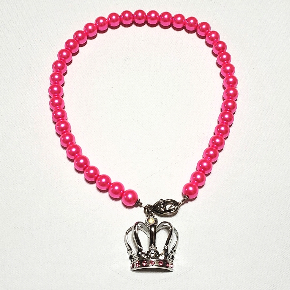 K9 Couture Necklace Hot Pink Pearls w/ Crown Charm